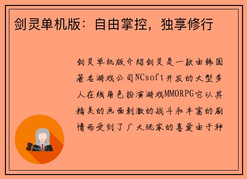 剑灵单机版：自由掌控，独享修行